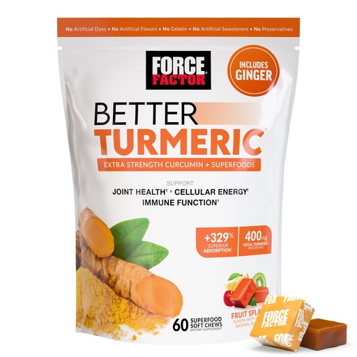 [BRSW2CQLCQFBYDIY] Force Factor Better Turmeric Supplement 400mg with Black Pepper & Ginger, Extra Strength Joint Support, Superior Absorption, Like Turmeric Gummies, Fruit Splash, 60 Turmeric Chews