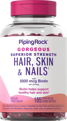 [BRSWYZT5BUBBUDY6] Piping Rock Hair Skin ve Nails Kadınlar ve Erkekler için Vitaminler | 165 Softgels | 5000 mcg of Biotin Ekstra Kuvvet | Argan ve Coconut Oil | Non-GMO, Gluten Free Supplement Supplement