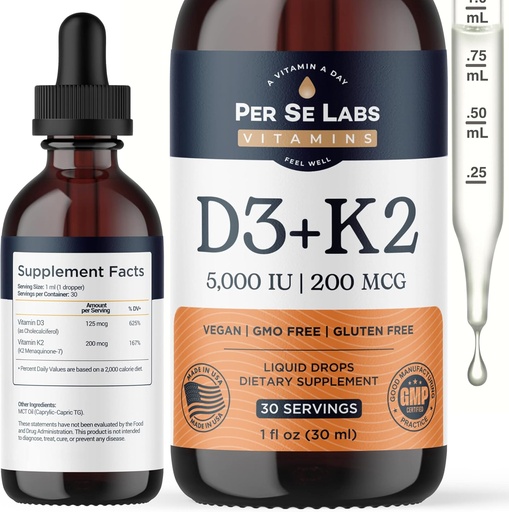 [BRSRMZYTCB6Q2AD3] Vitamin D3 K2 Liquid Drops D3 5,000 IU + K2 MK-7 200mcg Max Absorption Immune Support for Kids and Adults | Vegan | Non-GMO | Gluten, Dairy, Soy Alcohol Free | 1 Oz
