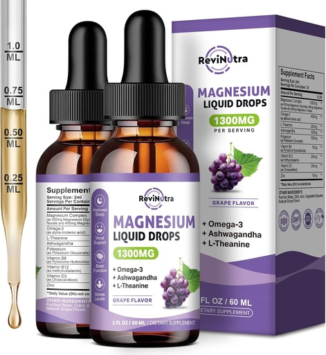 [BRSRAEILAUBWKHY7] 2 Pack Magnis Skysti lašai, Calm Magnis Glycinate Skysti lašai su Taurate & Citrate, Kalio, Omega3, L- Theanine, Ashwagandha, D3, B6, B12 Miego, raumenų, širdies, Sugare nemokamai Vynuogių skonio
