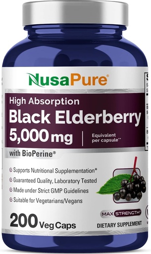 [BRSROAD5A4GQIA3P] NusaPure Black Elderberry 50:1 Extract, 100 mg Equivalent to 5,000mg per Veggie Capsules, 200 Count (Non-GMO, Bioperine) Sambucus Supplement