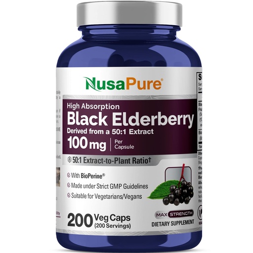 [BRSROAD5A4GQIA3P] NusaPure Black Elderberry, 100 mg, 200 Veg Capsules (Non-GMO, Vegan)