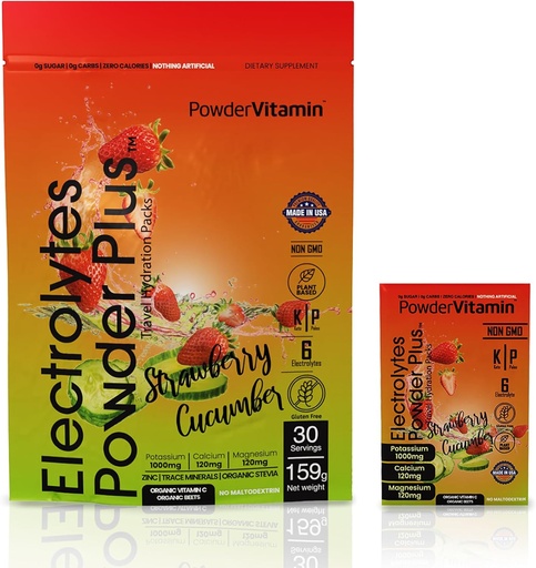 [BRSROGL4OYJWE23K] PowerVitamin Electrolytes Powder Packets - Strawberry Cucumber - Keto Electrolytes for Daily Energy - Hydration Powder with 1000mg Potassium, 120mg Magnesium, Zero Calories - 30 Hydration Packets