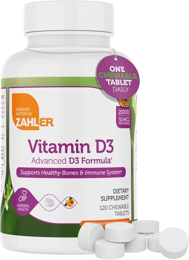 [BRSWKZILDJ7BMHT6] Zahler Vitamin D3 CHEWABLE 2000IU, an All-Natural Supplement Targeting Vitamin D Deficiencies, Certified Kosher, 120 Great Tasting Orange Flavored Tablets