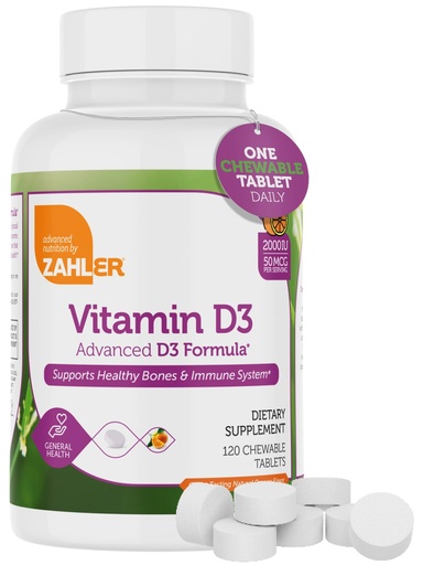 [BRSWKZILDJ7BMHT6] Zahler Vitamin D3 CHEWABLE 2000IU, an All-Natural Supplement Targeting Vitamin D Deficiencies, Certified Kosher, 120 Great Tasting Orange Flavored Tablets