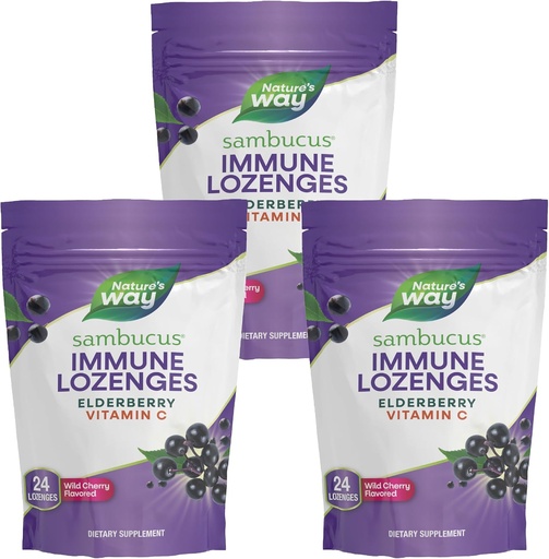 [BRSWYEILDMMRGHTU] Nature’s Way Sambucus Immune Lozenges, High Potency Vitamin C, Elderberry, Wild Cherry Flavored, 24 Lozenges (Packaging May Vary) - 3 Pack