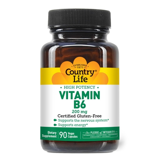 [BRSWIYI7C56AY336] Country Life Vitamin B-6, High Potency, Supports Energy and The Nervous System, 200mg, 90 Vegan Capsules, Certified Gluten Free, Vegan, Halal