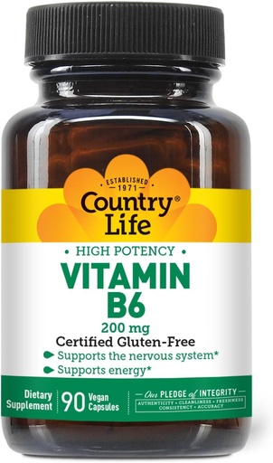[BRSWIYI7C56AY336] Country Life Vitamina B-6, High Potence, Sustine Energia si Sistemul Nervos, 200mg, 90 Capsule Vegane, Certified Gluten Free, Certified Vegan, Certified Halal...
