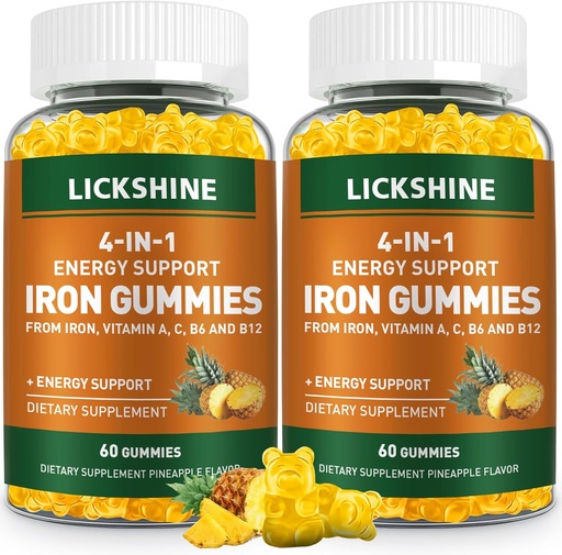 [BRSRAYA2OF6QO2D7] Gommies de supplément de fer Vegan 100MG pour les femmes et les hommes - avec vitamine C, A, B pour les adultes et les enfants - Soutien énergétique pour le déficit en fer, Anémie - Flaveur d'ananas (120 Ct)