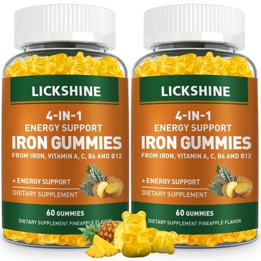 [BRSRAYA2OF6QO2D7] lickshine 2 Pack Vegan 100MG Iron Supplement Gummies for Women & Men - with Vitamin C, A, B for Adults & Kids - Energy Support for Iron Deficiency, Anemia - Pineapple Flavor (120 Ct)