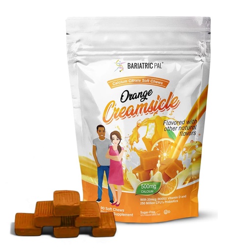 [BRSW22T4CIHGOCTF] BariatricPal Sugar-Free Calcium Citrate Soft Chews | 500mg with Vitamin D & Probiotics | Orange Creamsicle | 90 Count (1 Month Supply)