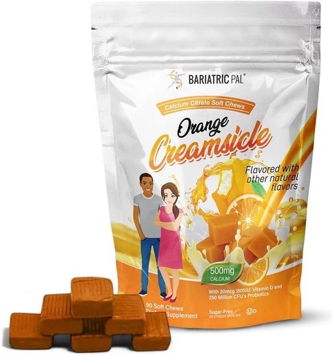 [BRSW22T4CIHGOCTF] BariatricPal sukkerfri kalsiumcitrat myke Chews | 500mg med vitamin D & probiotika | Orange creamsicle | 90 greve (1 måneds forsyning)