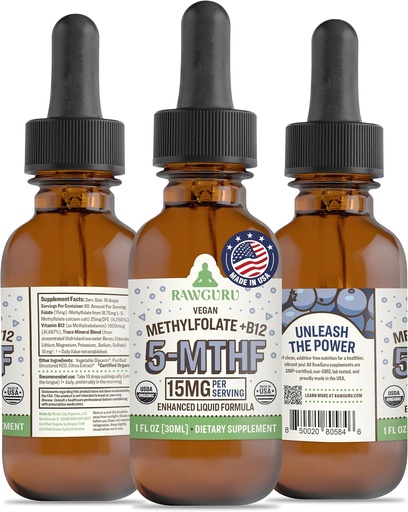 [BRSROGAROQCWECTX] RawGuru L-Methylfolate 15 mg + Vitamin B12 - Organic Vegan Methylated B12 with Trace Minerals - Nano-Processed & Enhanced Liquid Formula - 300 Servings Vegan Drops per 30 ml, Pack of 1