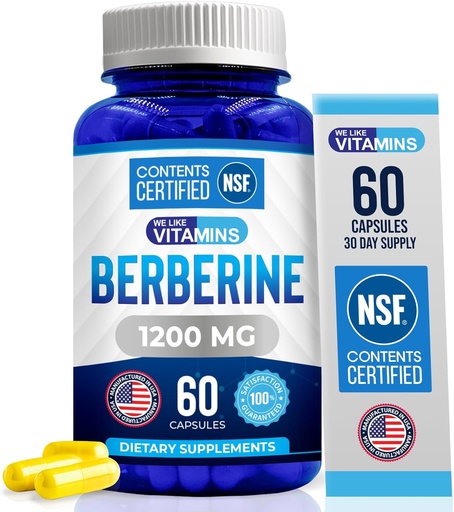 [BRSRMZQPABYREDLO] Nos gustan las vitaminas  sometida NSF suplemento de bereberina certificado, 1200mg, Puro Max fuerza bereberina HCL - 60 cápsulas vegetarianas (Gluten Free, Non GMO) - 30 servicios