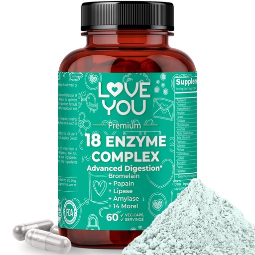 [BRSRAGIQOUDQOHTH] Love You 18 Enzyme Complex – Broad Spectrum Digestive Support with Amylase, Bromelain and Papain – Promotes Nutrient Absorption and Healthy Digestion, 60 Veggie Capsules