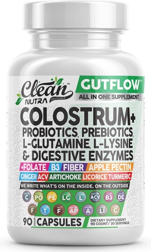 [BRSRA2Y6BUMB633U] Clean Nutraceuticals Colostrum Supplement Capsules Probiotics Pills Prebiotics, L-Glutamine, Digestive Enzymes, Folate, Fiber, ACV, Turmeric, Apple Pectin and Turmeric Pills
