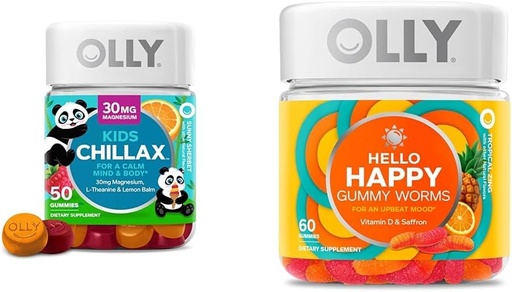 [BRSROBQCCB6WMC33] OLLY Kids Chillax, Magnesium Gummies Plus L-Theanine, Lemon Balm & Hello Happy Gummy Worms, Mood Balance Support, Vitamin D, Saffron, Adult Chewable Supplement, Tropical Zing - 60 Count