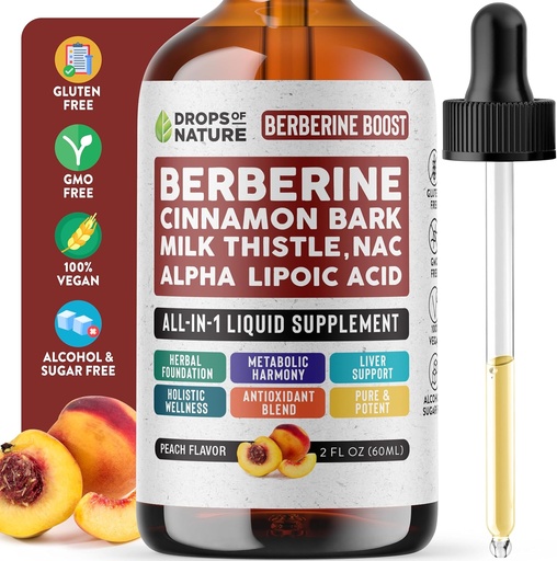 [BRSROAITOQBGA3T4] Berberine Supplement, Milk Thistle, Ceylon Cinnamon, Alpha Lipoic Acid, NAC Supplement Liquid Drops - Vegan, 4X Absorption than Capsules - Berberine for Liver Support & Holistic Wellness (Peach, 60mL)