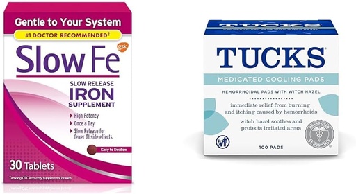 [BRSRAYYYAF7GOCLZ] Slow Fe 45mg Iron Supplement for Iron Deficiency Tablets & Tucks Medicated Cooling Pads for Hemorrhoids, 100 Count