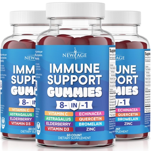 [BRSRAEICCN7QEF3Z] NEW AGE 8 in 1 Immune Support Booster Supplement with Astragalus Root, Vitamin C and Zinc 50mg, Vitamin D 5000 IU, Quercetin & Bromelain (8 in 1 Gummies (Pack of 3))