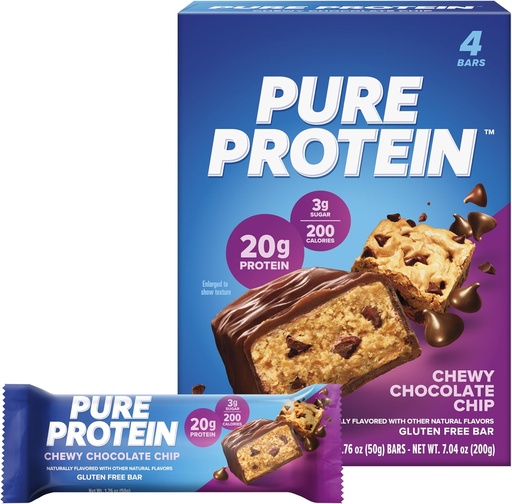 [BRSROAIEOECWODYY] Pure Protein Bars, High Protein, Nutritious Snacks to Support Energy, Low Sugar, Gluten Free, Chewy Chocolate Chip, 1.76oz, Pack of 4