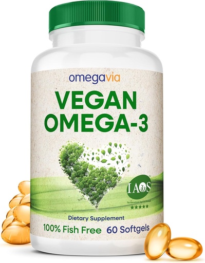 [BRSROAI7AFYBACDH] OmegaVia Vegan Omega 3 Suplemento, Algae Omega 3 aceite de peixe alternativa, 300mg Vegan ácidos graxos DHA, baseado en plantas, Planet and Ocean Friendly, IAOS 5 Star Testado, 60 Softgels