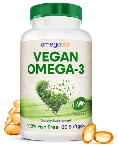 [BRSROAI7AFYBACDH] OmegaVia Vegan Omega 3 Supplement, Algae Omega 3 Fish Oil Alternative, 300mg Vegan DHA Fatty Acids, Plant Based, Planet and Ocean Friendly, IAOS 5 Star Tested, 60 Softgels