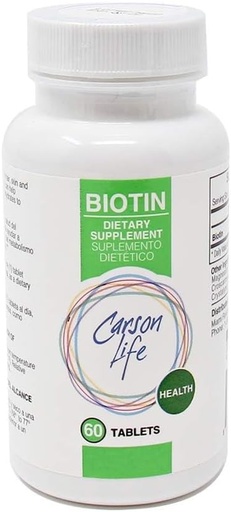 [BRSWK2Y6DMDRW3DE] Supplément Biotine Carson Life - 60 comprimés - pour les hommes et les femmes - supplément de vitamine qui favorise la croissance des cheveux - Formule avancée aide à stimuler l'énergie et la croissance cellulaire - Fabriqué aux États-Unis