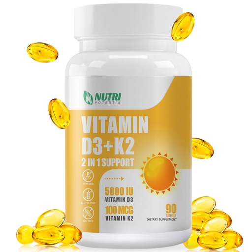 [BRSRAZA6OAFBUCDV] Vitamin D3 K2 Supplement with MCT Oil, Vitamin D3 5000 IU and K2 100 mcg Softgel, Bone and Heart Health Support Supplement, Gluten Free - 90 Count Softgels