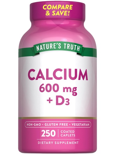 [BRSWECQECIOWC2T3] Nature's Truth Calcium 600mg with Vitamin D3 | 250 Caplets | Calcium Carbonate | Vegetarian, Non-GMO & Gluten Free Supplement