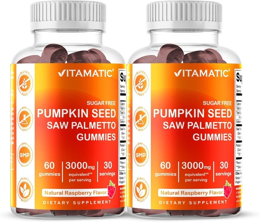 [BRSRAZAHA4BWC3L7] Vitamatic 2 Packs Sugar Free Pumpkin Seed Gummies- 3000 mg Equivalent Per Serving (from 20:1 and 10:1 Extract 200 mg) - Made with Saw Palmetto - Natural Raspberry Flavor - 60 Count