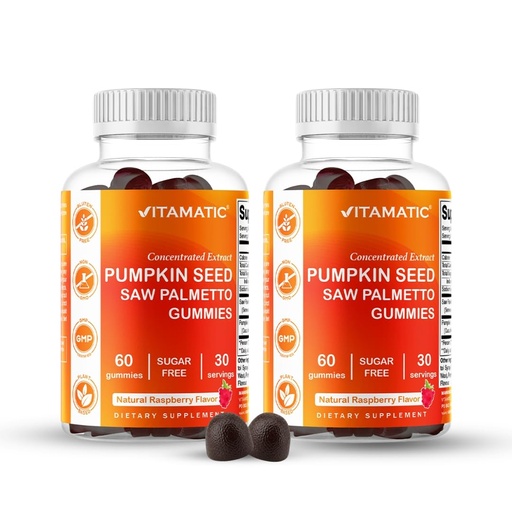 [BRSRAZAHA4BWC3L7] Vitamatic Pumpkin Seed 20:1 Extract & Saw Palmetto 10:1 Extract Gummies – Sugar-Free Botanical Extract – Natural Raspberry Flavor – Vegan, Non-GMO, Plant-Based Gummies – 60 Count - 2 Pack (120 Count)
