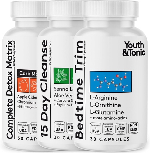 [BRSROBD4BMMAAALD] Youth & Tonic Amino Acids Bedtime Trim 15 Day Colon Cleanser & ACV Detox | for Detox Cleanse Metabolism & Lean Muscles | 90 Pills
