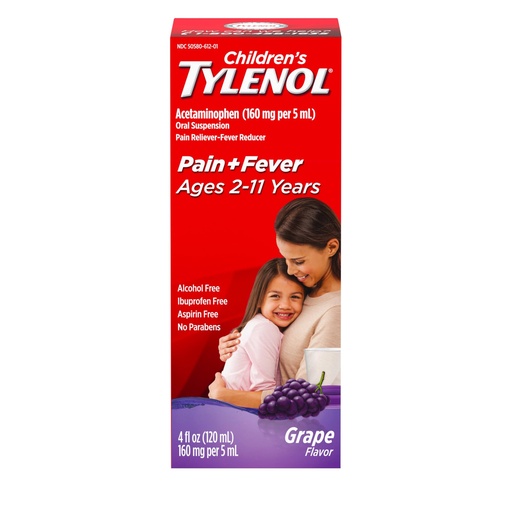 [BRSWIHYHCAGAKDQ5] Children's Tylenol Liquid Oral Suspension Medicine, Acetaminophen Pain Reliever & Fever Reducer for Cold + Flu Symptoms & Sore Throat, Aspirin-, Ibuprofen- & Alcohol- Free, Grape, 4 fl. oz