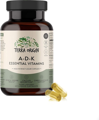 [BRSWYHY7AEMRSG3O] TERRA ORIGIN ADK Esencial Suplemento de vitamina Silencioso 60 cápsulas líquidos sometidas Vitamina A, D 5000 UI, K1 y K2 ANTE No GMO, Gluten Free, Vegan, Made in USA