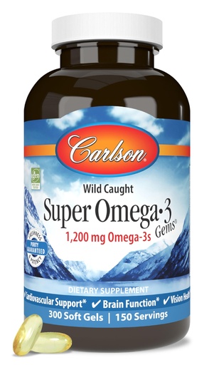 [BRSWIYILCUABKDQ5] Carlson - Super Omega-3 Gems, 1200 mg Omega-3 Fatty Acids with EPA and DHA, Wild-Caught Norwegian Fish Oil Supplement, Sustainably Sourced Capsules 300 Softgels