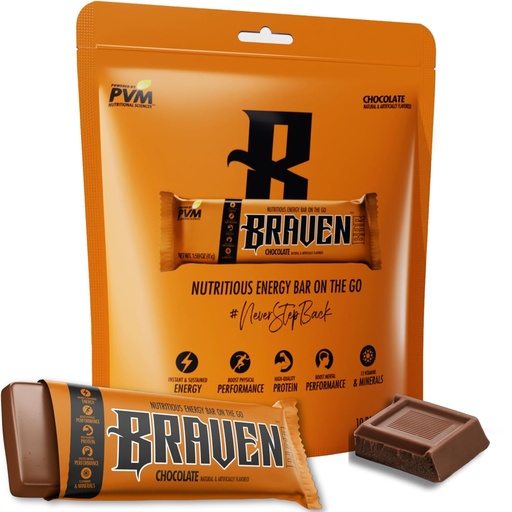 [BRSROFIRAEMAOF32] Braven Bar Chocolate Energy Bars (1.59 oz, Pack of 10) – Energy Chews with 5g Protein – On-the-Go Energy Snacks for Running, Hiking, and Sports - Gluten Free Snacks for Sustained Energy Boost