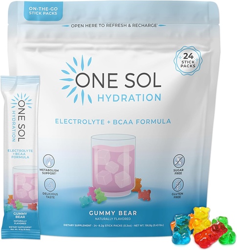 [BRSROHABAAHWYHTK] One Sol BCAA & Electrolyte Powder for Hydration & Energy, All-Natural Formula, 100% Vegan, Non-GMO, Gluten Free & Soy-Free, Promotes Muscle Growth & Recovery, Gummy Bear Flavor