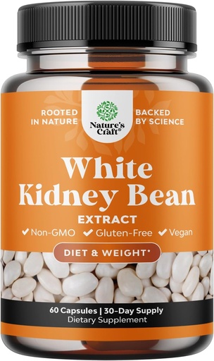 [BRSWIAYAAQDRSCLM] White Kidney Bean Extract Carb Blocker - White Kidney Beans Supplement for Metabolism Boost & Ease Calories from Starchy Food - Carb Control Supplements - 60 Capsules