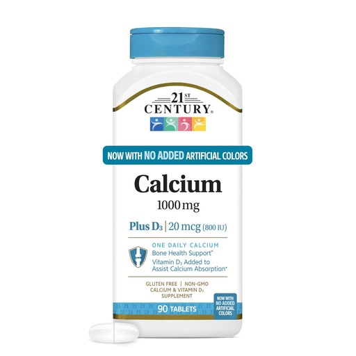 [BRSWIYQZCAIAYF3A] 21st Century Calcium Plus D3 Tablets, (90 Count), 1000mg Calcium with Vitamin D3 20mcg (800 IU), Gluten-Free & Non-GMO, Bone Health Supplement for Men & Women, No Added Yeast or Artificial Flavors