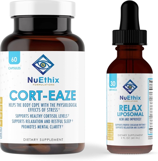 [BRSW2BITA54BQCA3] NuEthix Formulations Relaxation Supplement Bundle: Cort-Eaze Cortisol-Control Supplement, 60 Capsules, 30 Servings and Relax Liposomal, 2 Fluid Ounces, 30 Servings
