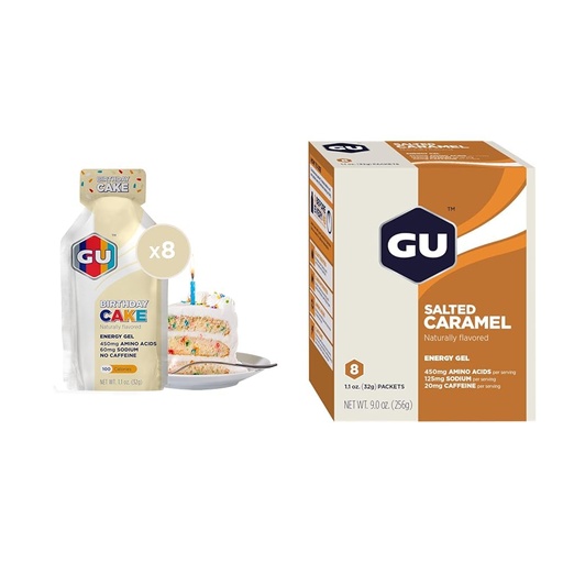 [BRSRAYYYCACRM3L7] GU Energy Original Sports Nutrition Energy Gel, 8-Count Birthday Cake and 8-Count Salted Caramel Flavors