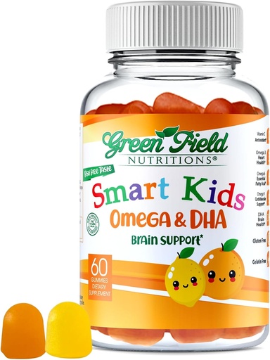 [BRSWY2YKPMORY2T4] Greenfield Nutritions Smart Kids Halal Omega 3 Gummies with DHA - 60 Halal Vitamins for Kids, Supports Brain & Immune Health - Vegan, Non-GMO, Gluten, Gelatin-Free y Peanut-Free Halal Gummy Vitaminas