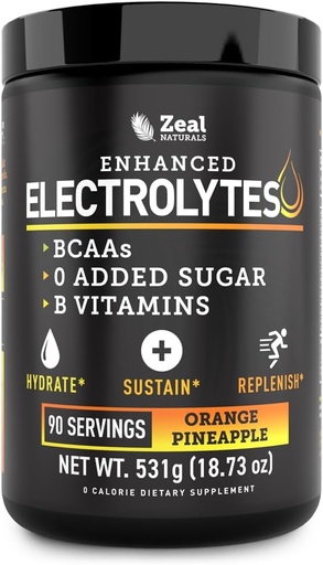 [BRSRMFL7AEIWGFI7] Zeal Naturals Electrolyte Powder Recovery Drink (90 Servings | Orange Pineapple) w 0 Sugar +BCAAs +B-Vitamins Electrolyte Supplement w Potassium Zinc & Magnesium for Hydration - Keto Electrolytes