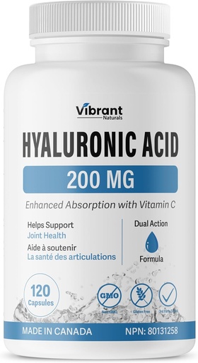 [BRSRAEIBCN6WKFDX] Hyaluronic Acid Supplement 200mg - 120 Capsules, with Vitamin C 100mg, Joint & Skin Health, Non-GMO Fermentation, Gluten Free, Third Party Tested, Bioavailable Formula