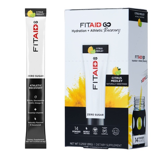 [BRSWY23YAQBBQYA2] FITAID GO ZERO SUGAR Recovery Hydration Packet, W/ BCAAs, Glucosamine, Electrolytes, Omega-3s, 100% Clean, Keto-friendly, Vegan & Gluten-Free, 5 calories, Naturally Sweetened, 14 pack