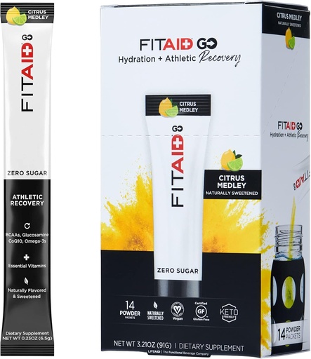 [BRSWY23YAQBBQYA2] FITAID GO ZERO SUGAR Recovery Hydration Packet, W/ BCAAs, Glucosamine, Electrolytes, Omega-3s, 100% Clean, Keto-friendly, Vegan & Gluten-Free, 5 calories, Naturally Sweetened, 14 pack