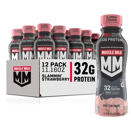 [BRSRAEA2AEMWE33X] Muscle Milk Pro Advanced Nutrition Protein Shake, Slammin' Strawberry, 11.16 Fl Oz (Pack of 12), 32g Protein, 1g Sugar, 16 Vitamins & Minerals, 5g Fiber, Bottled Liquid, Gluten Free