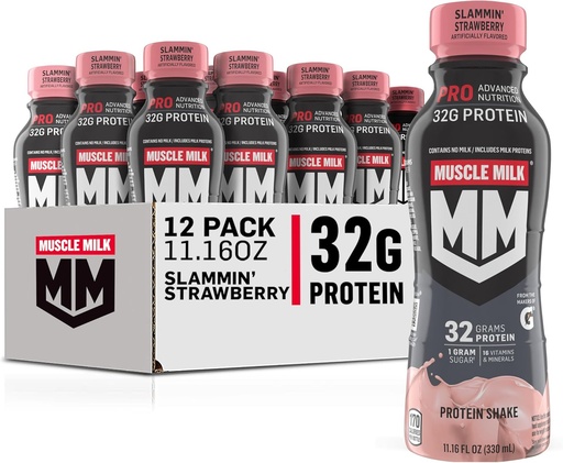 [BRSRAEA2AEMWE33X] Muscle Milk Pro Advanced Nutrition Proteine Shake, Slammin' Strawberry, 11.16 Fl Oz (Pachet de 12), 32g Proteine, 1g Zahăr, 16 Vitamine & Minerale, 5g Fibră