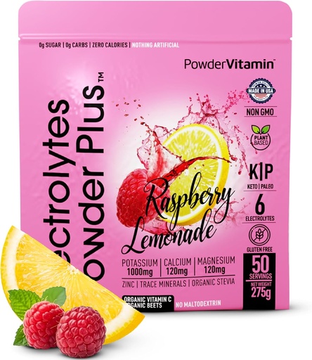 [BRSRAYANCAARE2Q2] PowderVitamin Englytes Powder Plus (50 phục vụ) Raspberry Powder Zero Caloreie Keto, 0 Sugar, không Maltodfein, 1000mg Potassium, 120mg Calcium, 120mgnesium, Hydration Powder